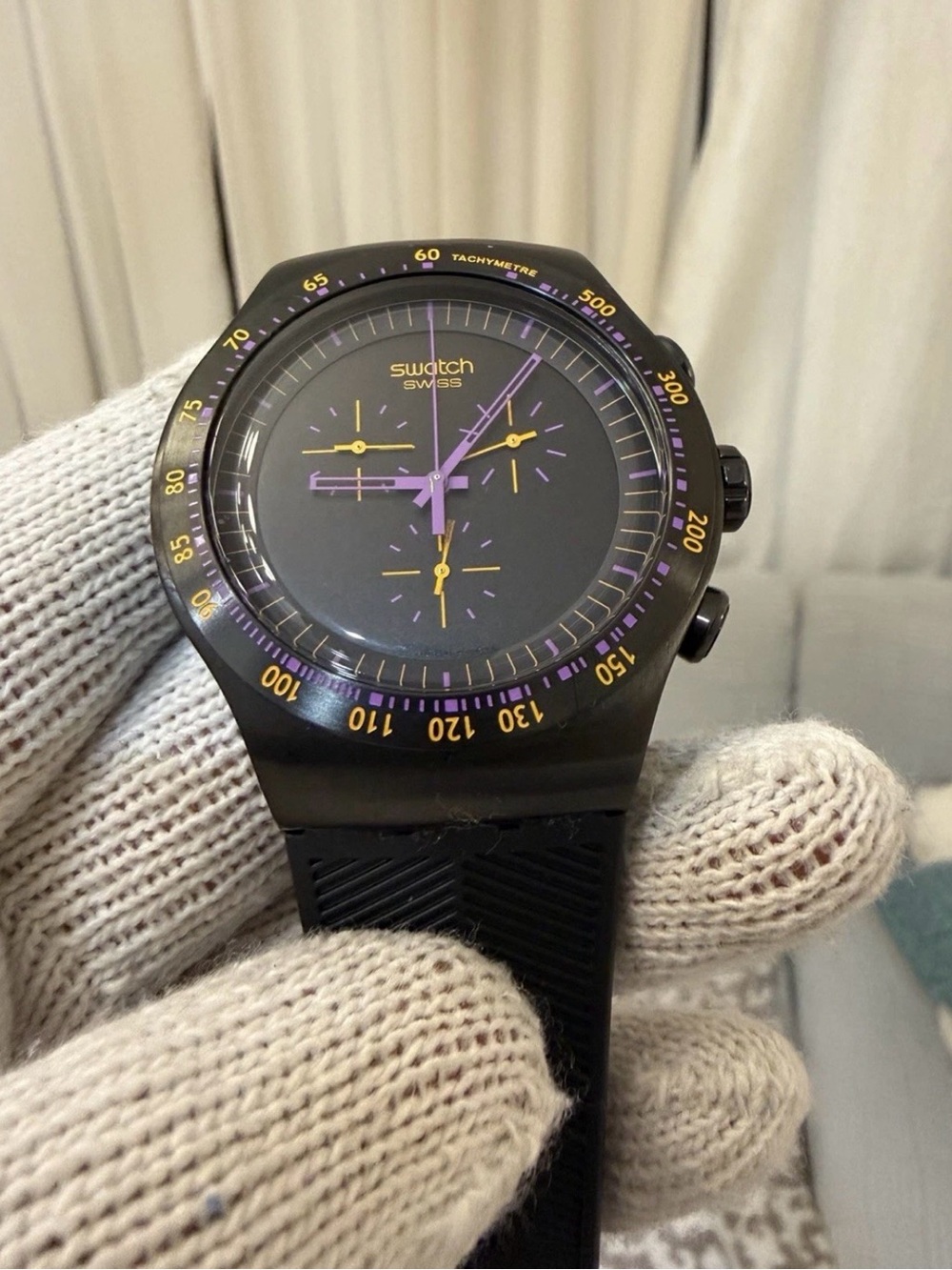 Swatch Irony The Chrono Purple in Dark YOB102 Black Stainless Swiss Watch